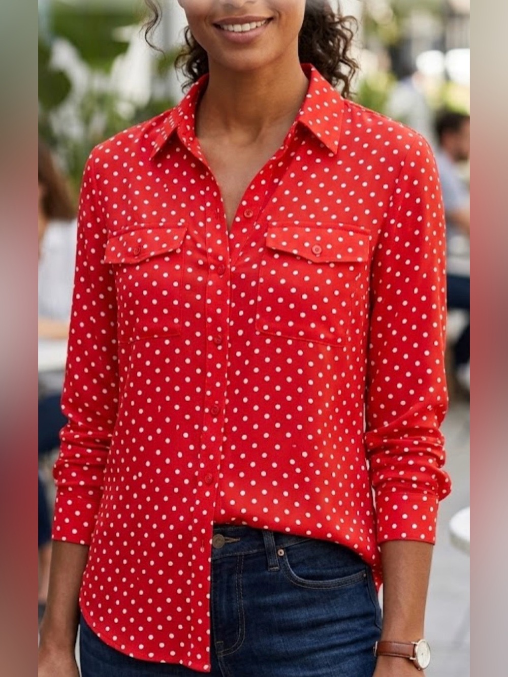 ANN TAYLOR Women's Red/ White Polka Dot Long Sleeve Collared Blouse Size MP